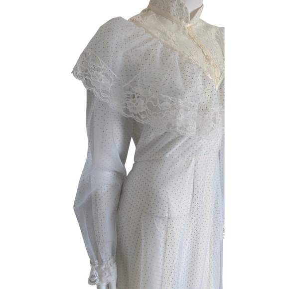 VTG 70s Tiered Prairie Dress Medium Lace Ruffle Long Sleeve Polka Dot Cottage - Picture 7 of 11
